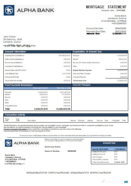 Download Cyprus Alpha Bank mortgage statement scr Photoshop template